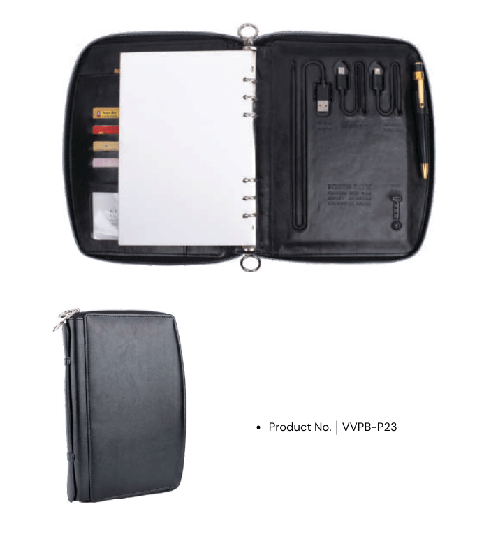 Power bank notebook VVPB-P23 with 5000mAh capacity, stylish zip folder design, and multifunctional features for professional use.