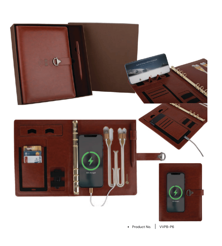 Power bank notebook VVPB-P6 with 10,000mAh capacity, wireless charging feature, and pen, all in a sleek gift box, perfect for corporate gifting.