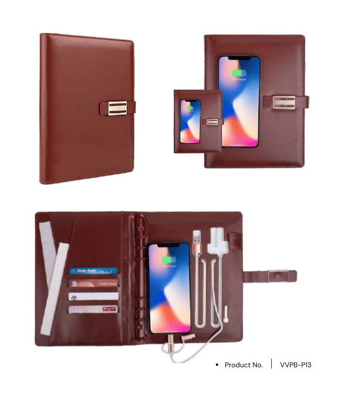 Power bank notebook VVPB-P13 with 10000mAh capacity, featuring wireless charging and a customizable folder, perfect for corporate gifting and professional use.