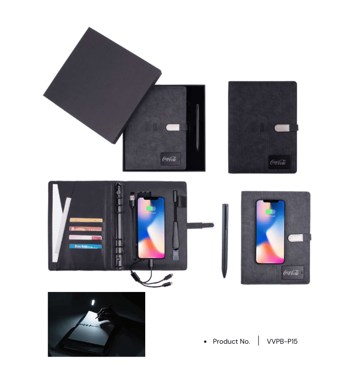 Power bank notebook VVPB-P15 with 8000mAh capacity, wireless charging, and LED branding, perfect for corporate gifts and professional use.