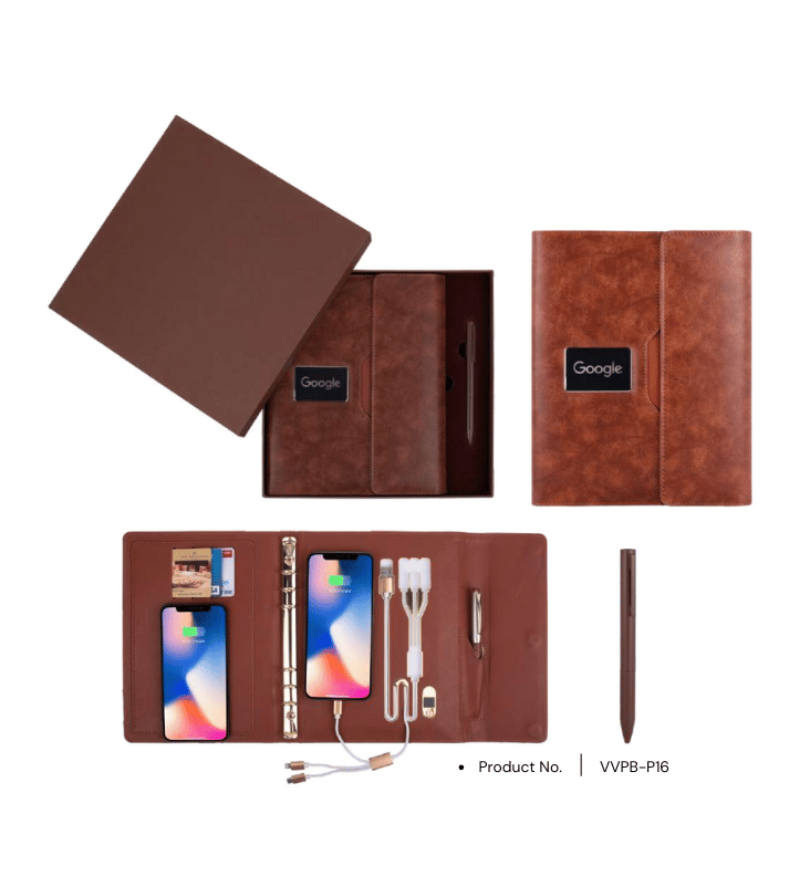 Power bank notebook VVPB-P16 with 10000mAh capacity, wireless charging, LED branding, and pen in a premium gift box, ideal for corporate gifting.