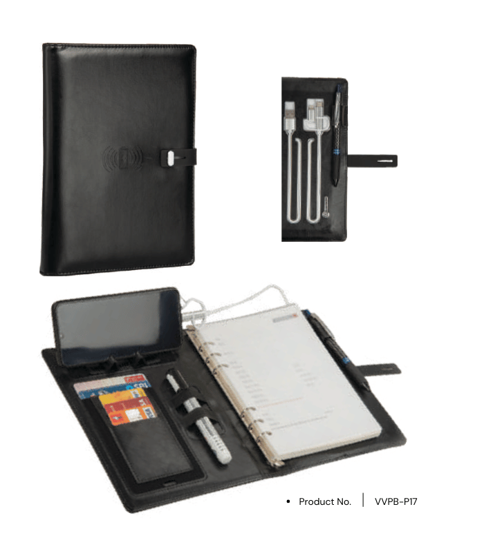 Power bank notebook VVPB-P17 with 8000mAh capacity, wireless charger, and phone stand, a versatile corporate gift for modern professionals.