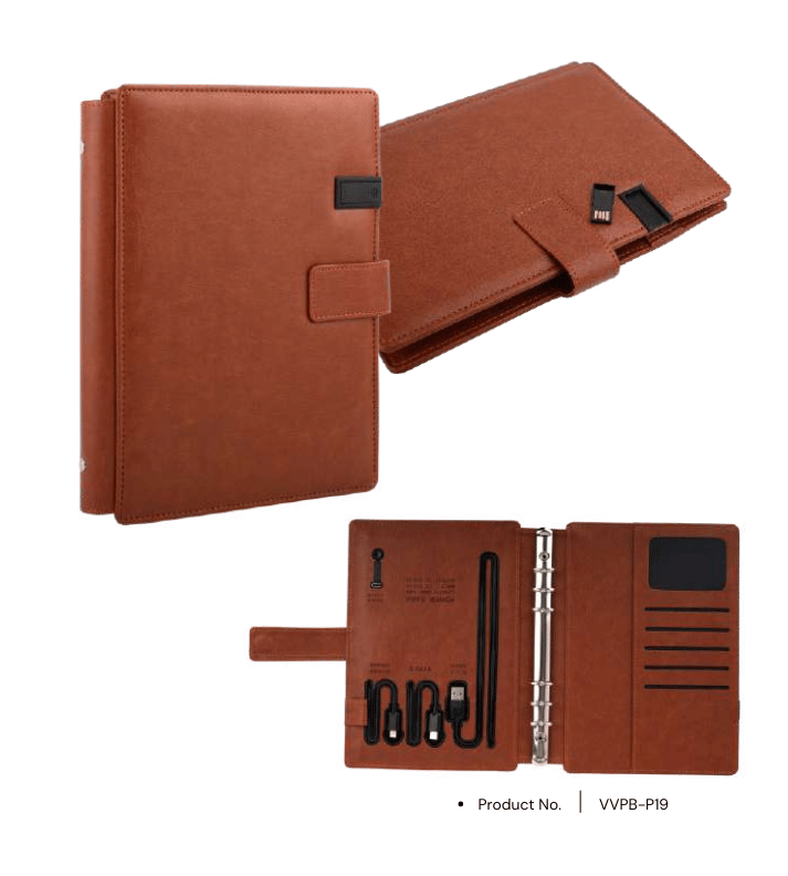 Power bank notebook VVPB-P19 with 5000mAh capacity and integrated pen drive, ideal as a premium corporate gift for professionals.
