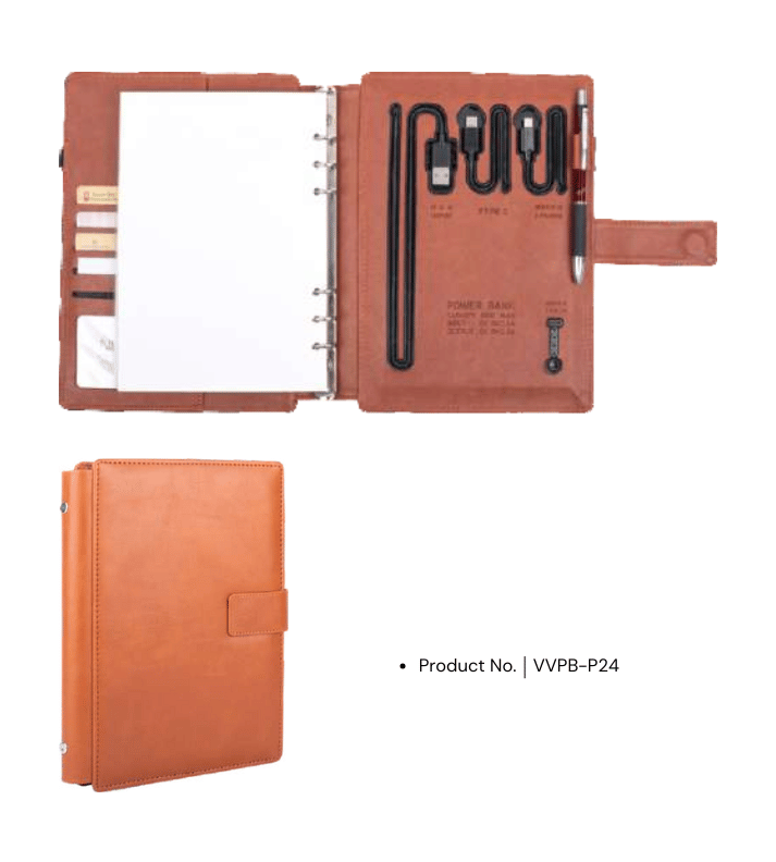 Power bank notebook VVBP-P24, featuring a built-in 5000mAh power bank, premium folder design, and sleek organization for professionals.