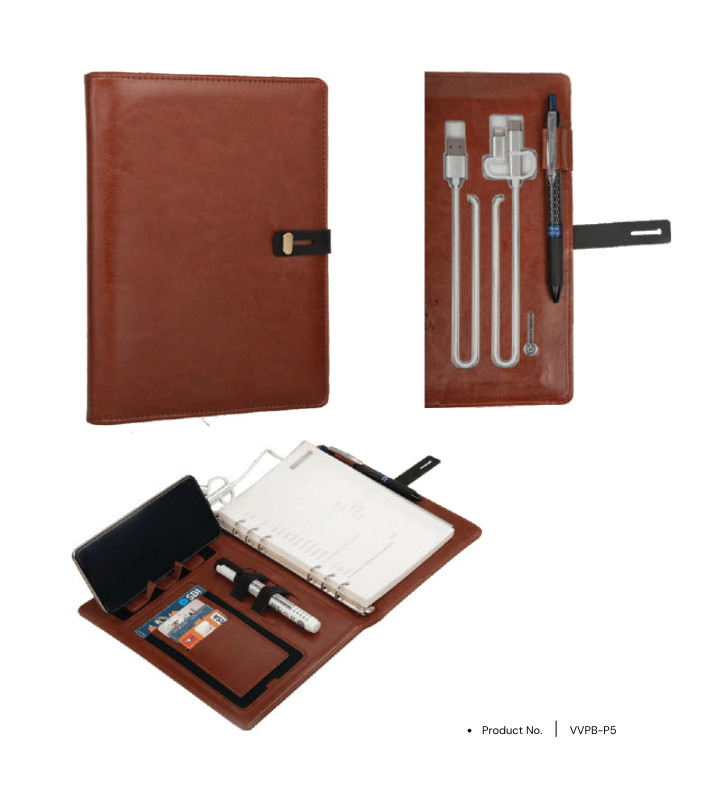 Power bank notebook VVPB-P5 with 8000mAh capacity, phone stand, and premium leather folder, an ideal corporate gift for professionals.