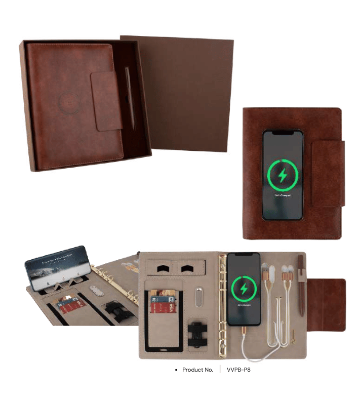 Power bank notebook VVPB-P8 with 10,000mAh capacity, wireless charging feature, and 16GB USB, all in a premium gift box for corporate and professional gifting.