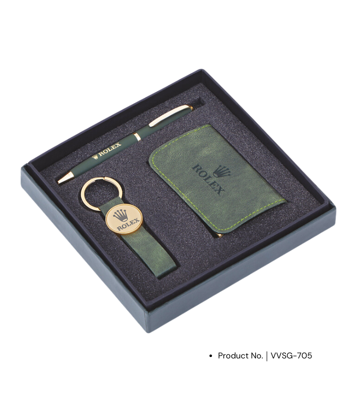 A premium corporate gift set featuring a stylish card holder, elegant pen, and sleek keychain, ideal for corporate gifting. The set is designed to offer a sophisticated and professional presentation, making it a perfect choice for business gifts.
Let me know if you need any further edits!
