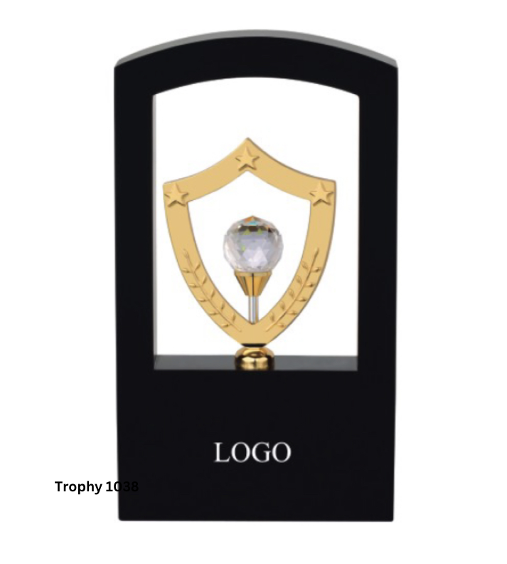 Premium gold metal trophy, personalized with custom engraving, perfect for recognition awards, corporate events, and celebratory occasions.