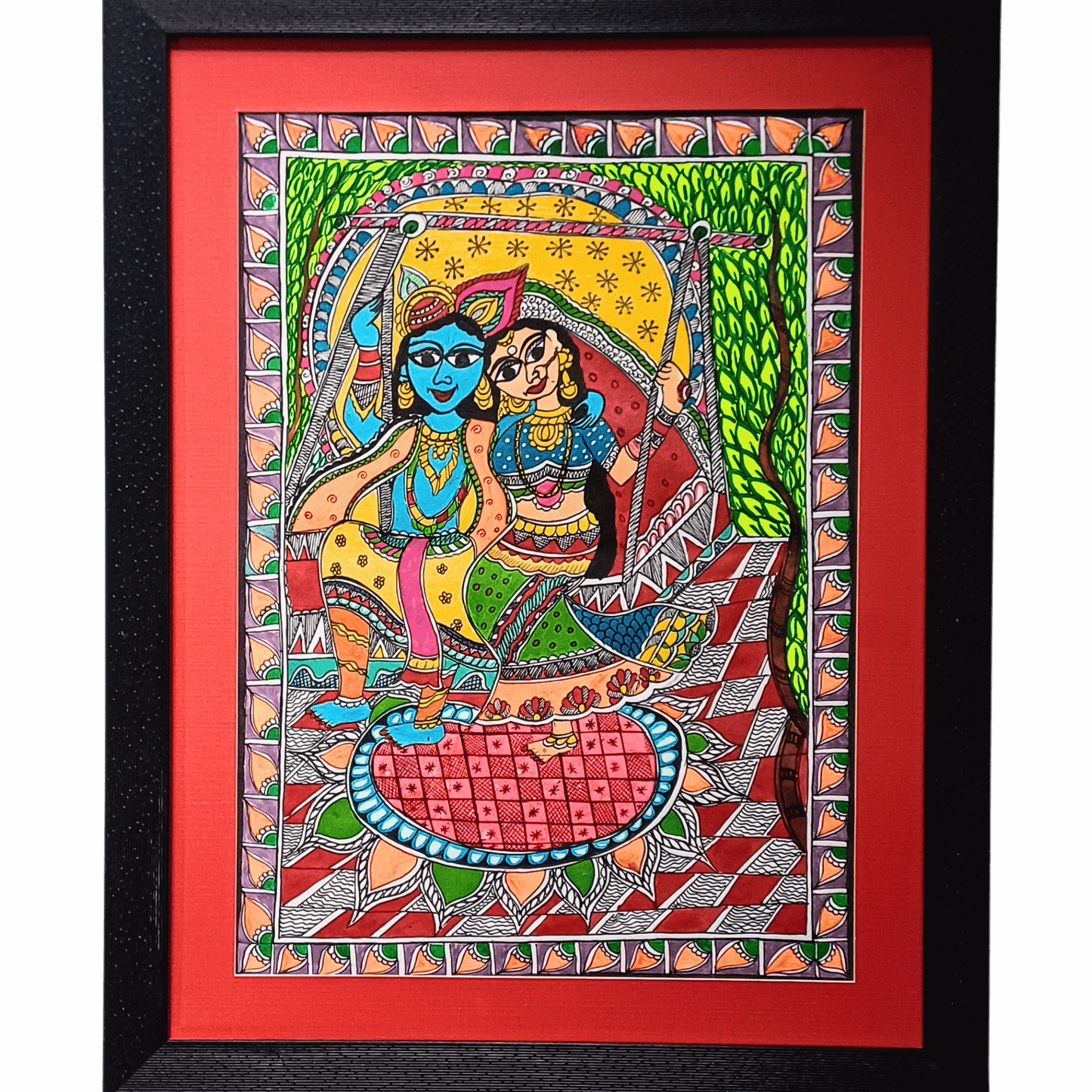 Radha Krishna Raas Mithila Painting Poster | Authentic Madhubani Art | Indian Folk Wall Decor