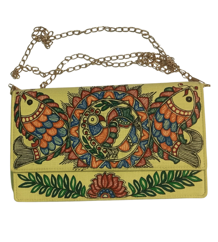 Radiant Hues Sling Bag featuring traditional Mithila painting design, offering a vibrant and artistic touch to your accessories collection.
