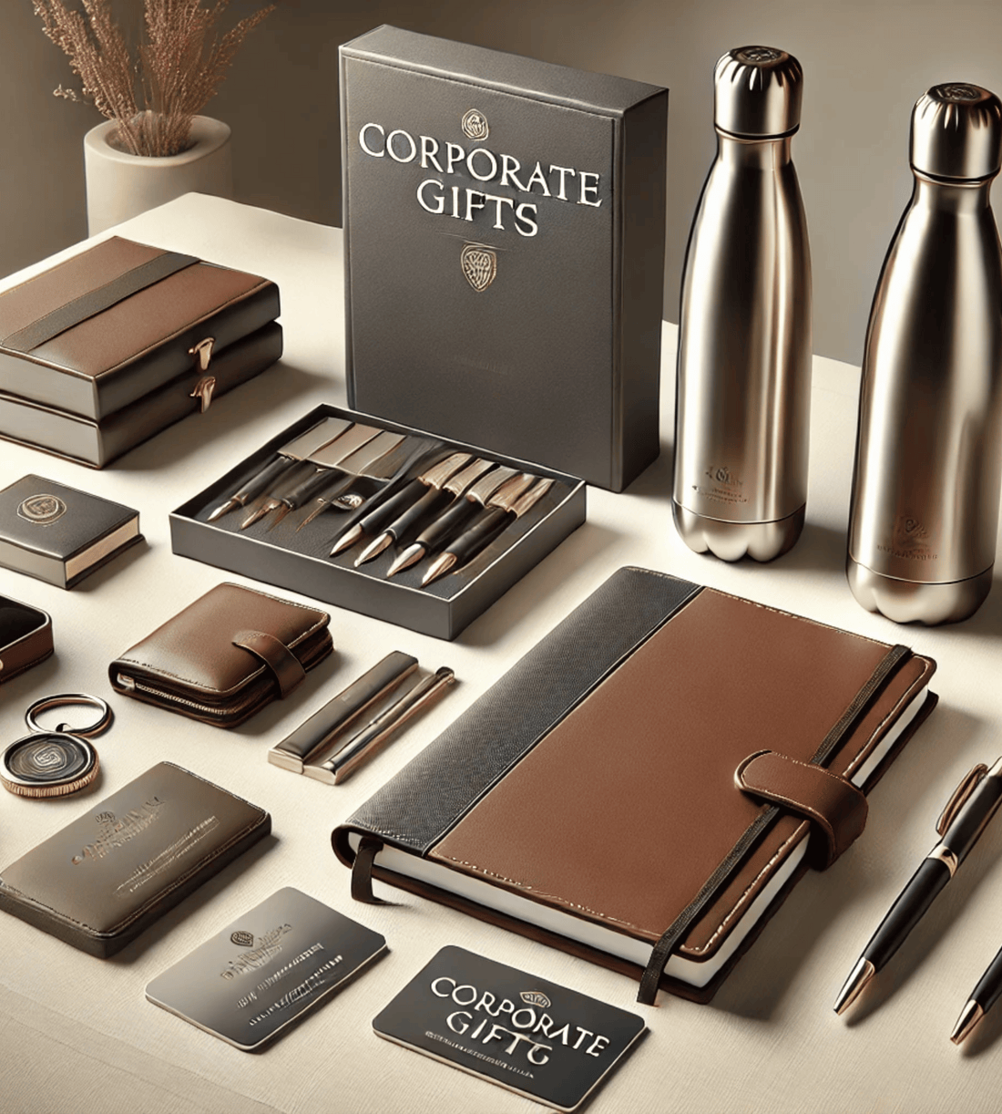 Premium customised corporate gifts arranged in a professional navy and gold setting