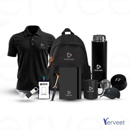 Custom branded employee gift kit with office essentials in a premium navy and black presentation