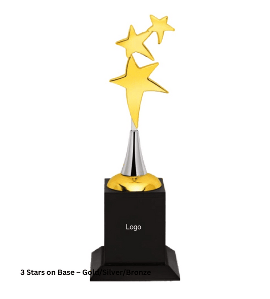 3 Stars on Base Trophy – Gold/Silver/Bronze | Custom Metal & Wood Award