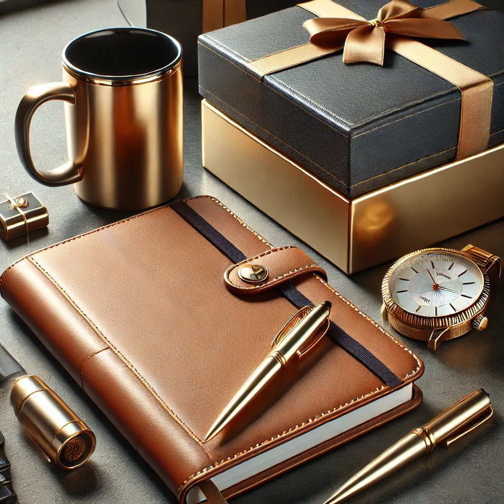  A high-quality image showcasing a selection of premium corporate gifts, including a leather-bound planner, a gold-trimmed pen, a stylish mug, and a personalized gift item, all arranged to highlight luxury and professionalism.