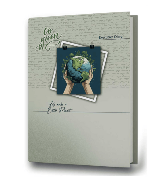 Verveet Go-Green Diary, an eco-friendly planner crafted with sustainable materials, featuring an elegant design and organized pages for mindful planning and daily use.