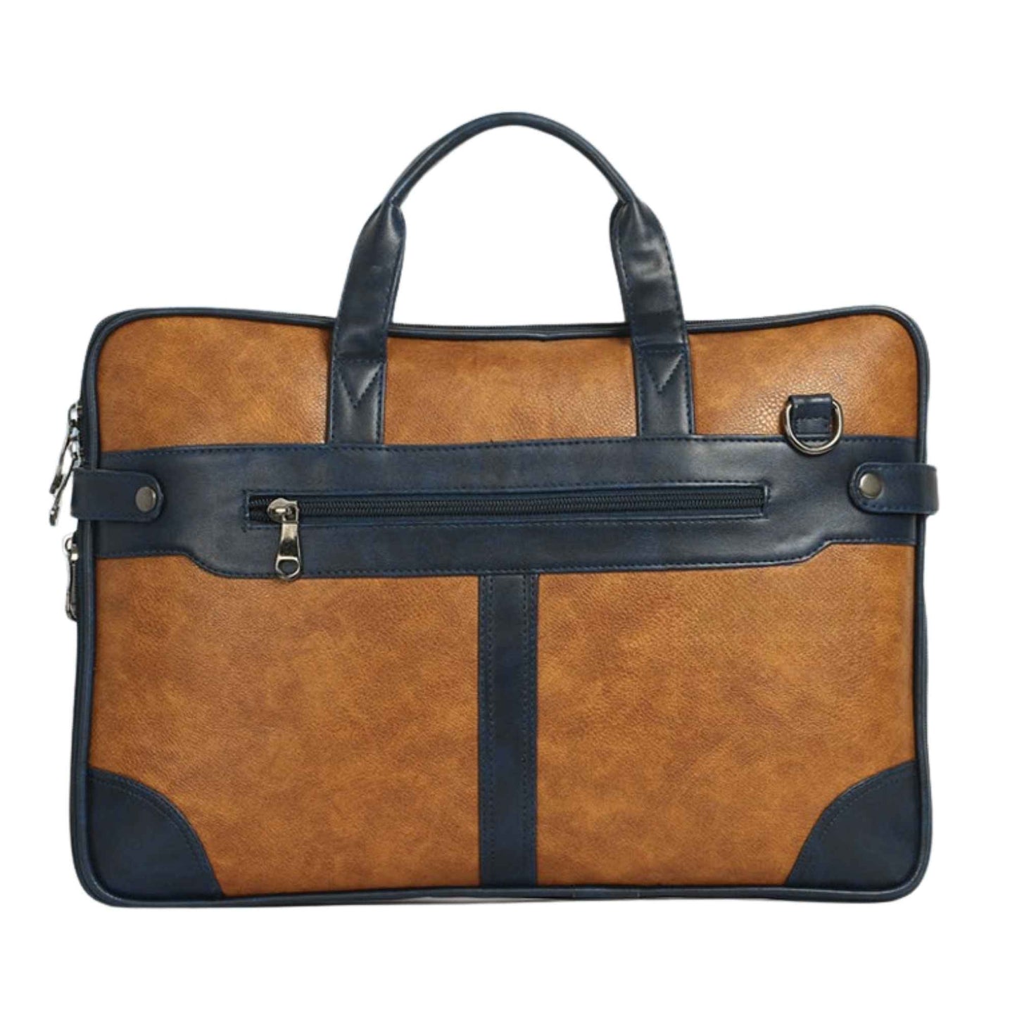 Premium Two-Tone Laptop Office Bag for Men & Women | Tan & Navy Leatherette Briefcase with Shoulder Strap | Professional Work & Travel Bag