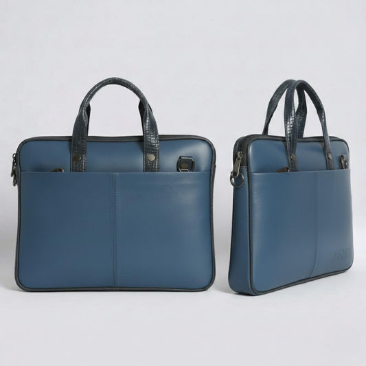 Premium Blue Leather Laptop Office Bag for Men & Women | Professional Business Briefcase with Front Pocket & Shoulder Strap | Corporate & Executive Work Bag