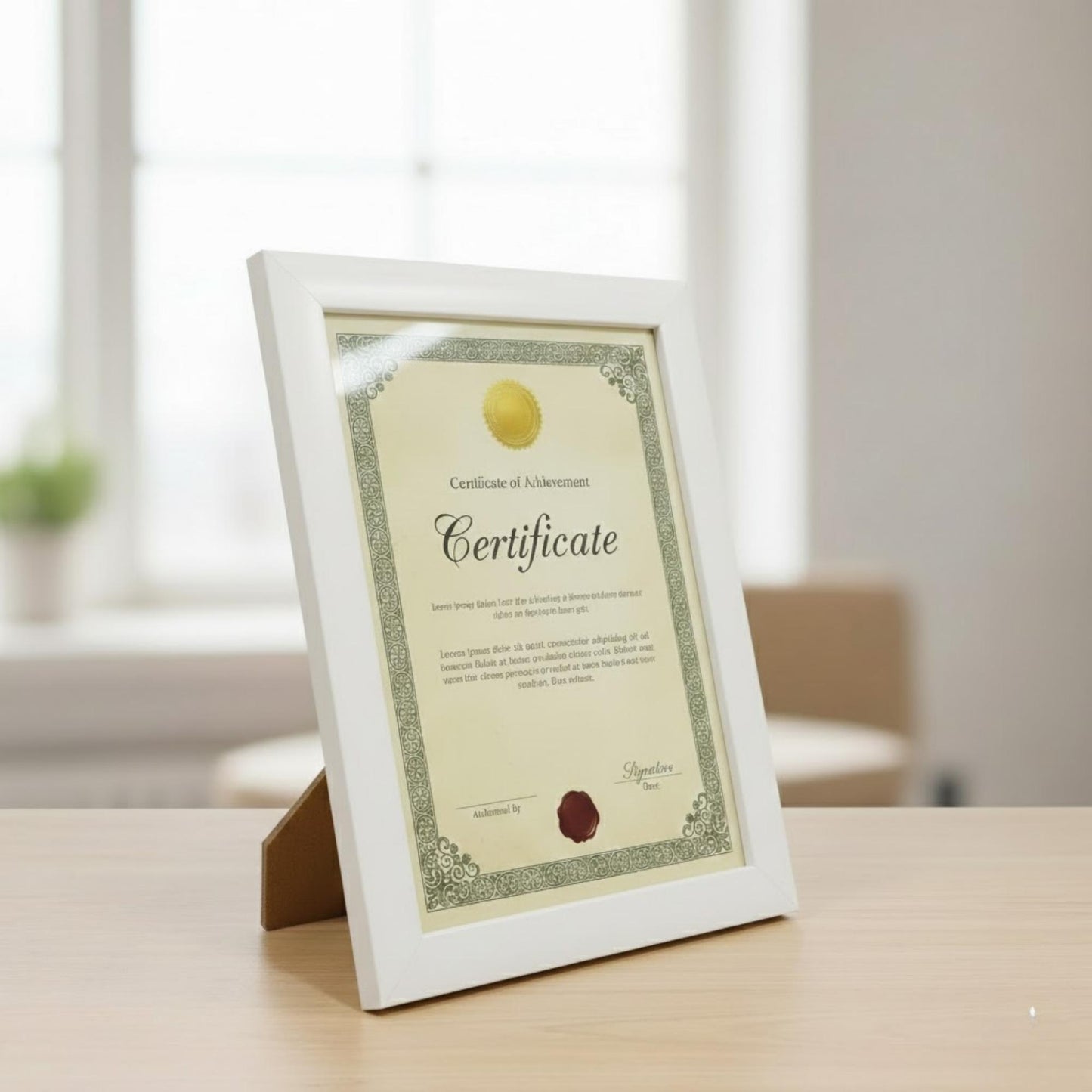 Certificate frame back stand display showing support stand for table placement