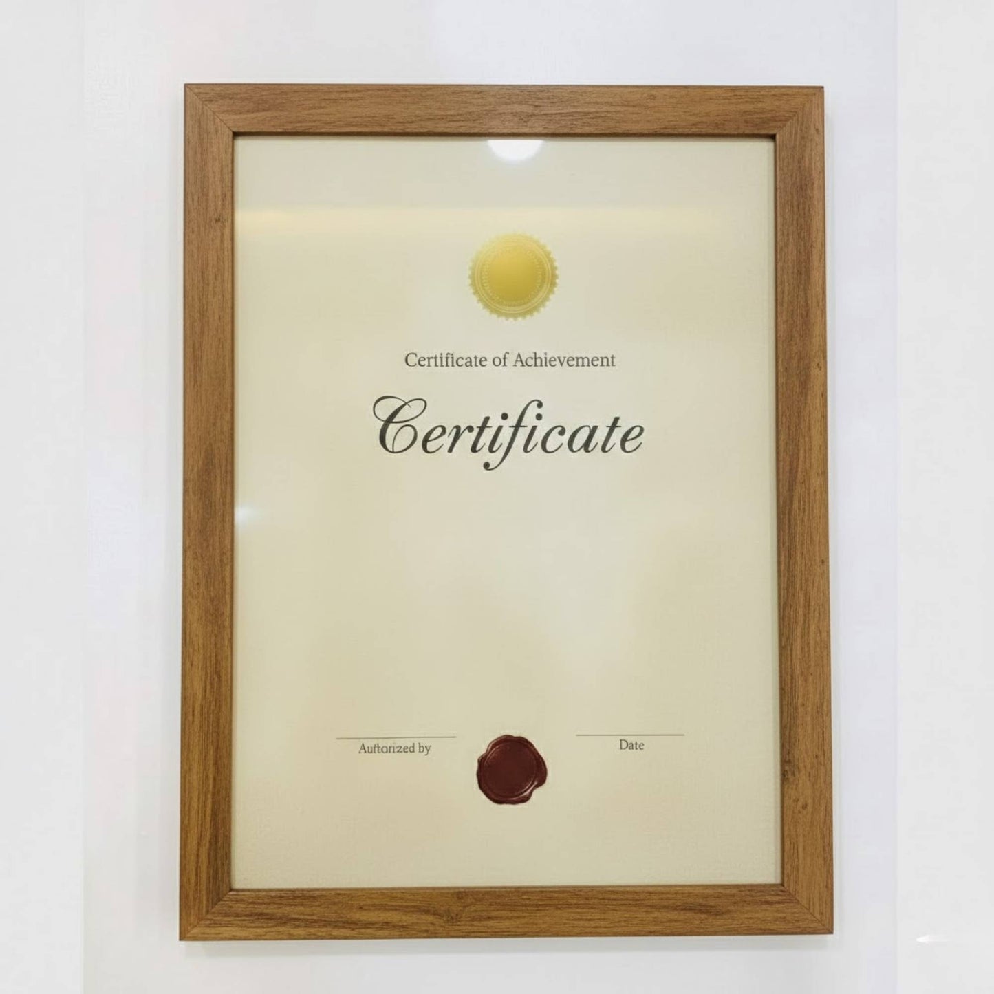 Certificate frame close view showing wooden finish and document display design