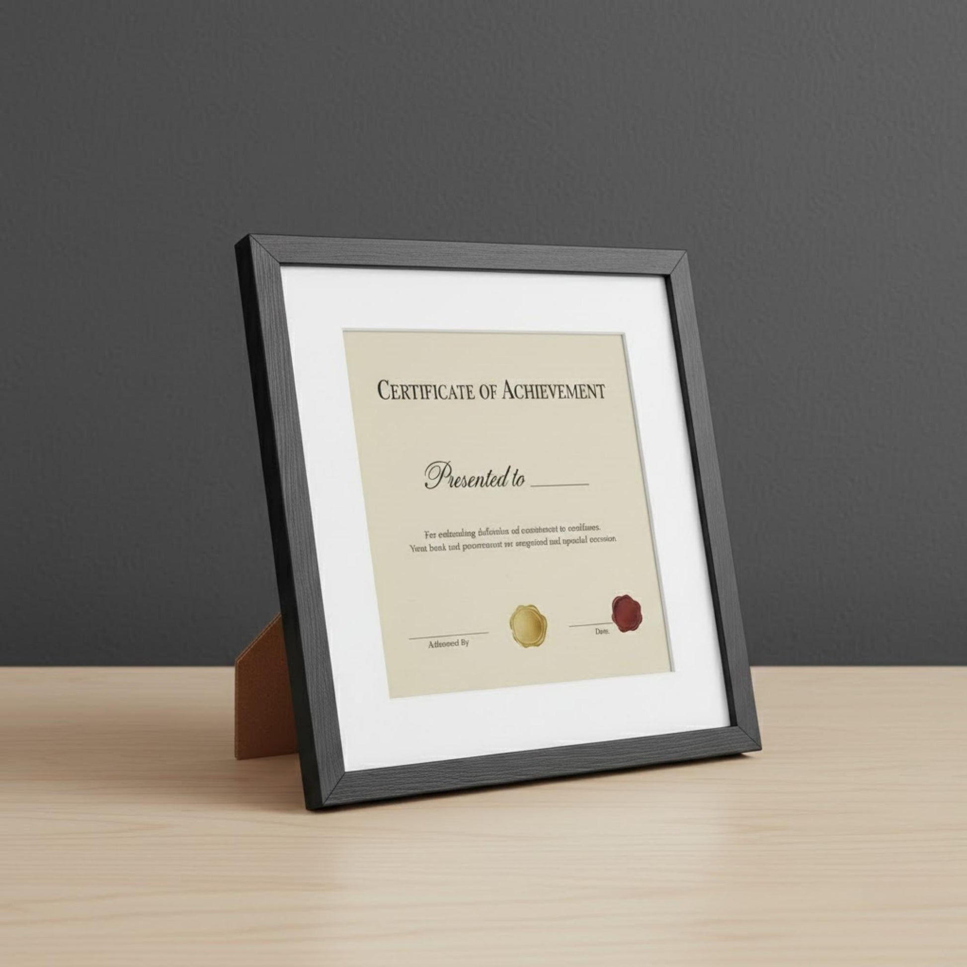 Certificate frame table display for showcasing awards, documents, and professional achievements