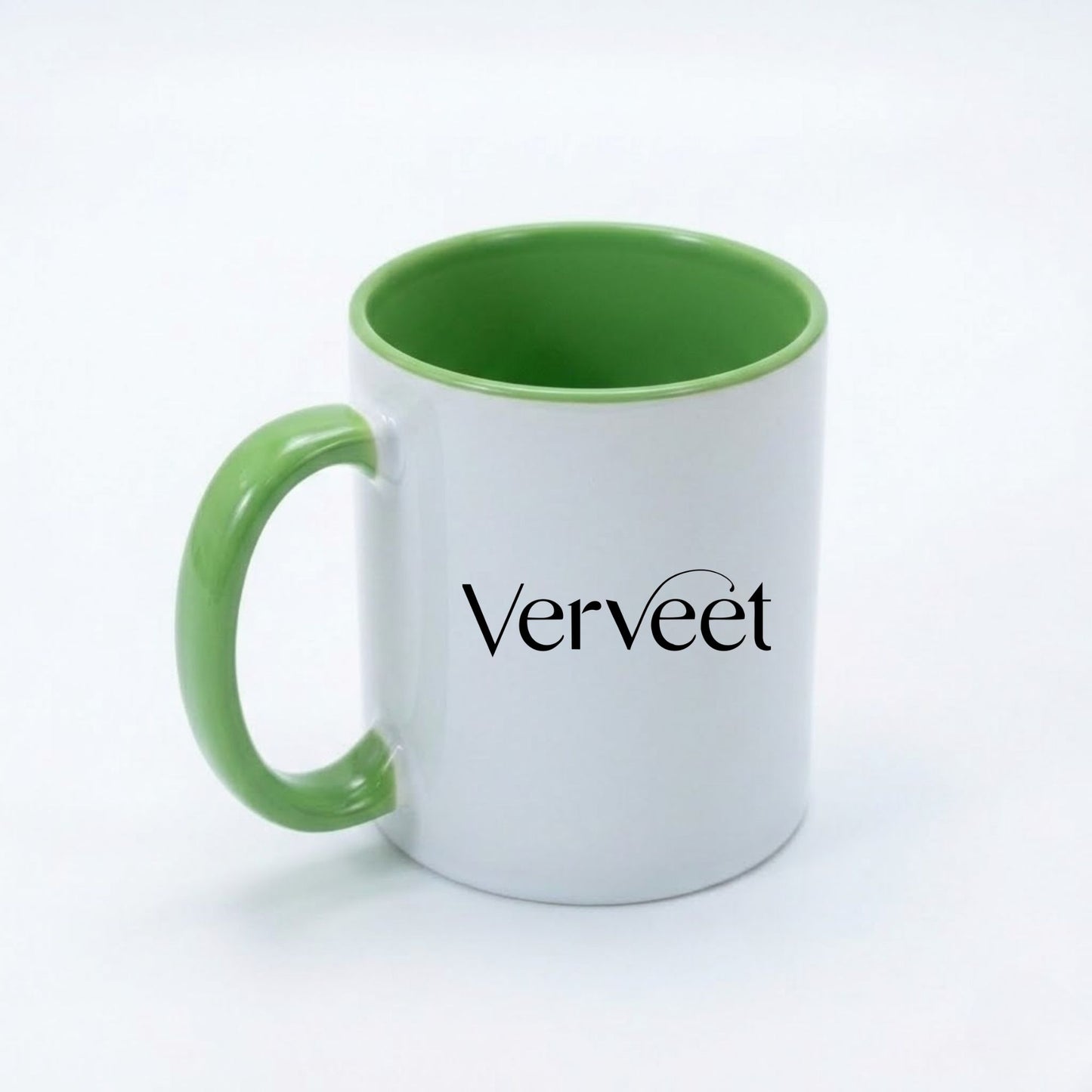 Custom logo two-tone ceramic mug – colored rim and handle coffee mug for corporate branding and promotional gifts.