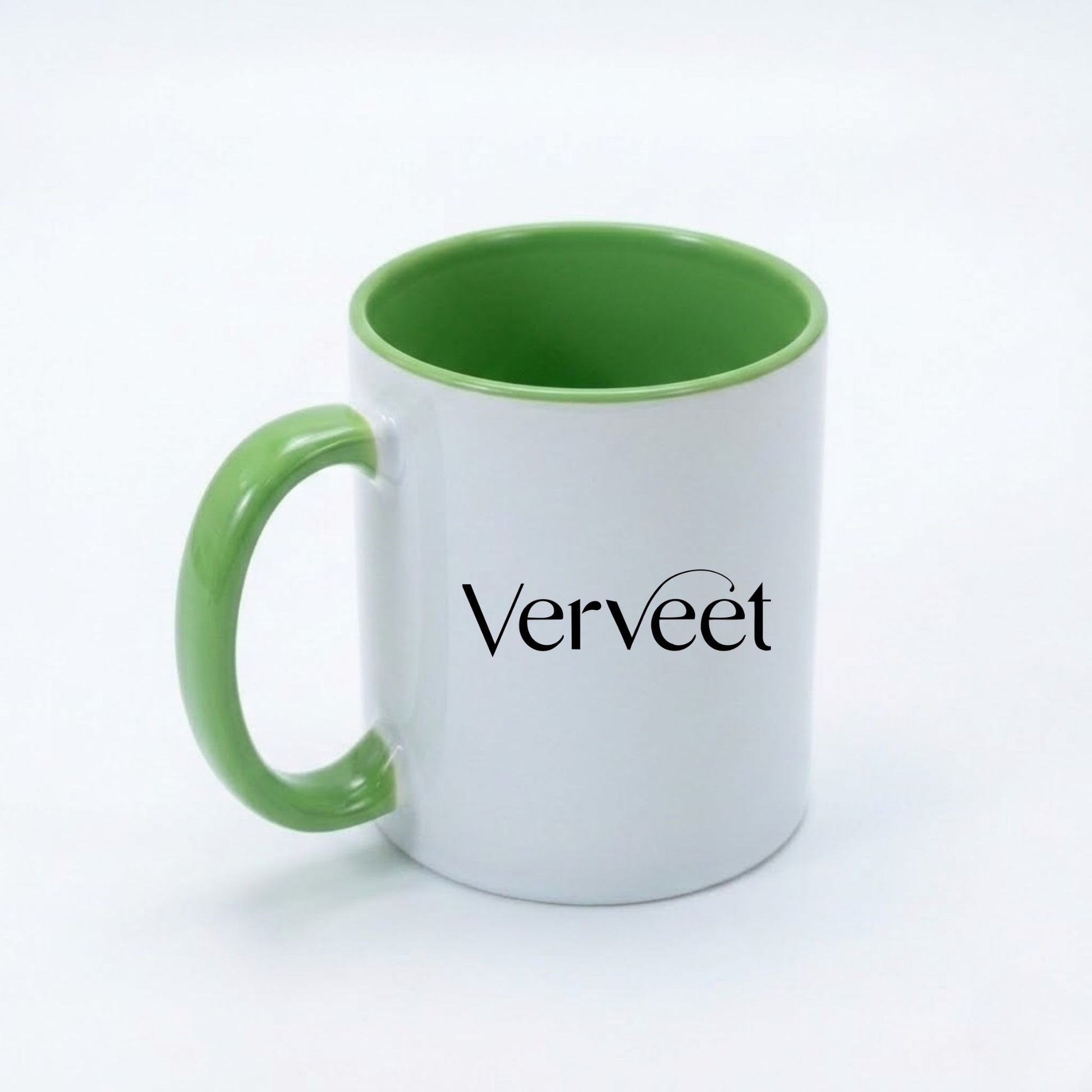 Custom logo two-tone ceramic mug – colored rim and handle coffee mug for corporate branding and promotional gifts.