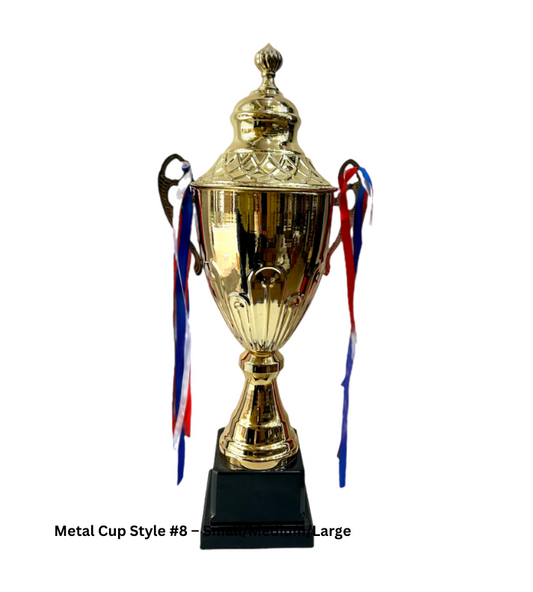 Custom Metal Cup Trophy Style 8 in Gold, available in 18, 20, and 23-inch sizes. Crafted from high-quality metal, this elegant trophy is perfect for honoring achievements in sports, corporate events, and special ceremonies. Personalization options available for engraving names, logos, or event details."

This alt text emphasizes the product’s material, size options, and customization features.