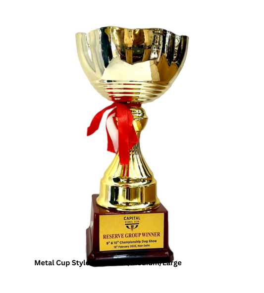 Custom Metal Cup Trophy Style 9 in Gold, available in 8, 9, and 10.5-inch sizes. Crafted from high-quality metal, this elegant trophy is ideal for sports awards, corporate recognition, and special events. Personalize with engravings for a unique and memorable presentation."

This alt text emphasizes the material, available sizes, and customization options.