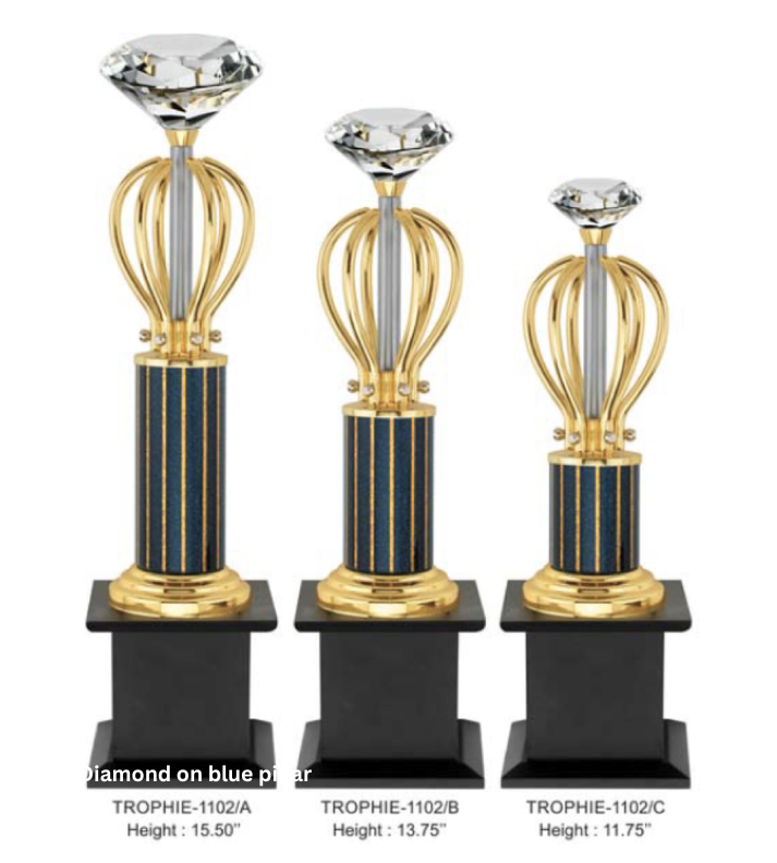 Diamond on Blue Pillar Custom Metal Trophy | Premium Awards for Corporate & Sports Events