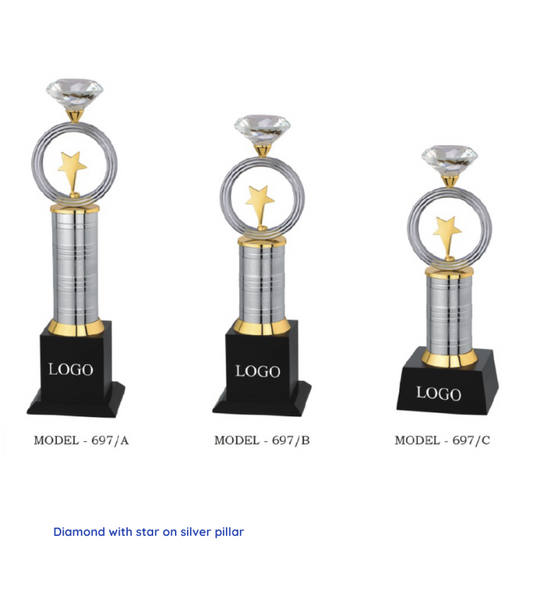 Diamond with Star on Silver Pillar Custom Metal Trophy | Engraving Available