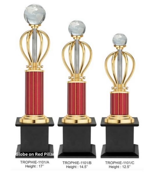 Globe on Red Pillar Custom Metal Trophy | Premium Corporate & Sports Awards