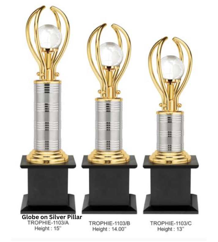 Globe on Silver Pillar Custom Metal Trophy | Premium Awards for Corporate & Sports Events