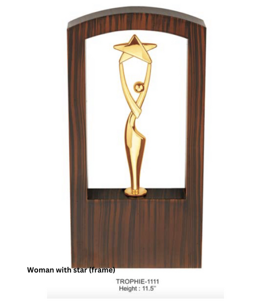 Custom Metal Trophy featuring a woman with a star frame in a gold finish. Ideal for recognizing exceptional achievements in fields such as sports, leadership, and creativity. Personalization options available for engraving names, logos, or event details."

This alt text highlights the design, material, and customization possibilities for the trophy.