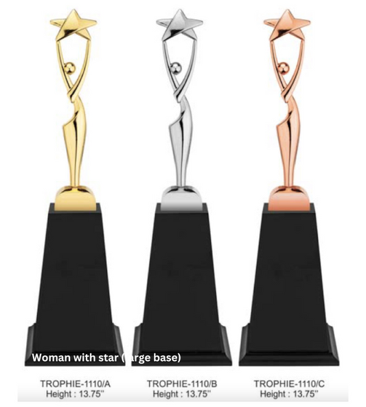 Custom Metal Trophy featuring a woman with a star design, set on a large base, available in gold, silver, and bronze finishes. Ideal for honoring achievements in women’s excellence, leadership, and performance across various fields. Personalization available for engraving names or event details."

This alt text highlights the trophy’s design, finishes, and its suitability for recognizing achievements in women's categories.