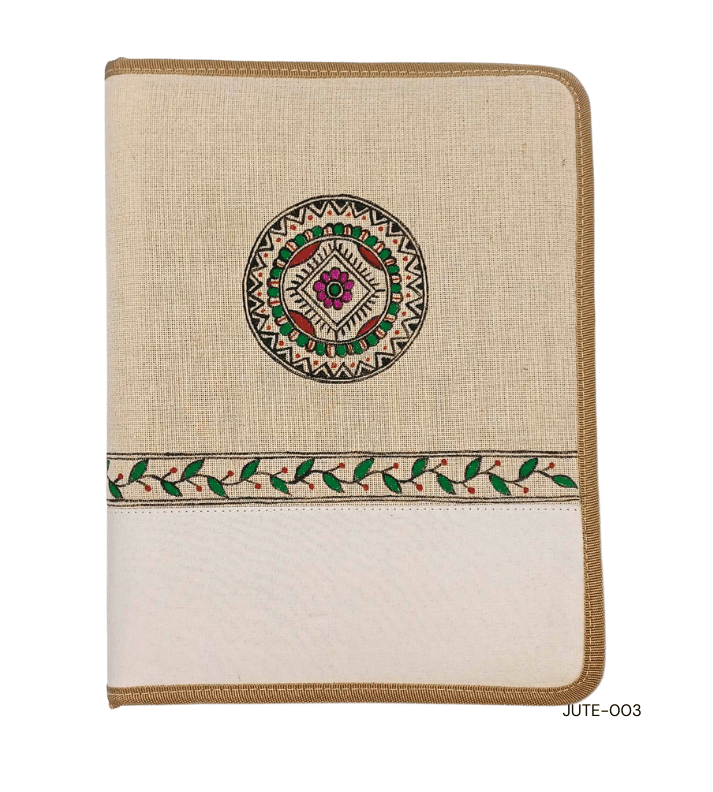 Custom Mithila painting jute folder, featuring traditional artwork on durable jute material, ideal for personalized gifting and office use.