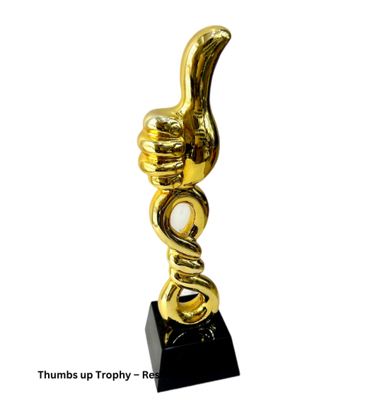 Custom Resin Thumbs-Up Trophy Style 2 in Gold, featuring a sleek thumbs-up design for recognition and achievement awards. Ideal for corporate events, sports competitions, and team recognition. Personalize with engraving for a unique touch."

This alt text highlights the design, material, and customization features of the trophy.