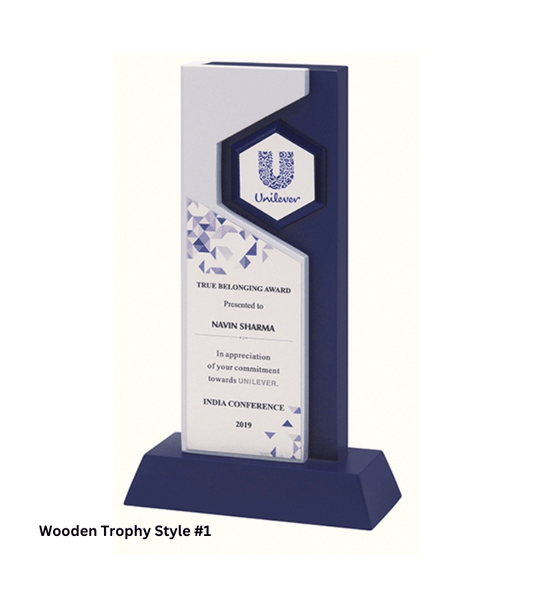 Wooden Trophy Style #1 | Custom Blue & White Wooden Award