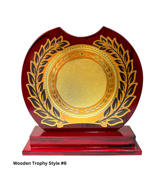 Custom Wooden Trophy Style 6 in Brown, crafted from high-quality wood for a classic and elegant look. Ideal for corporate awards, sports events, and recognition ceremonies. Personalize with engraving options for names, logos, or event details."

This alt text emphasizes the material, style, and customization options for the wooden trophy.