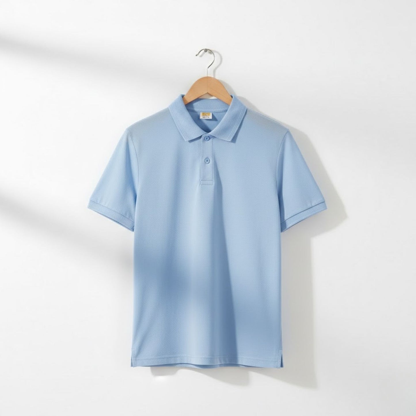 Dot-knit fabric polo T-shirt close-up texture, breathable corporate uniform polo T-shirt material for office wear and branding