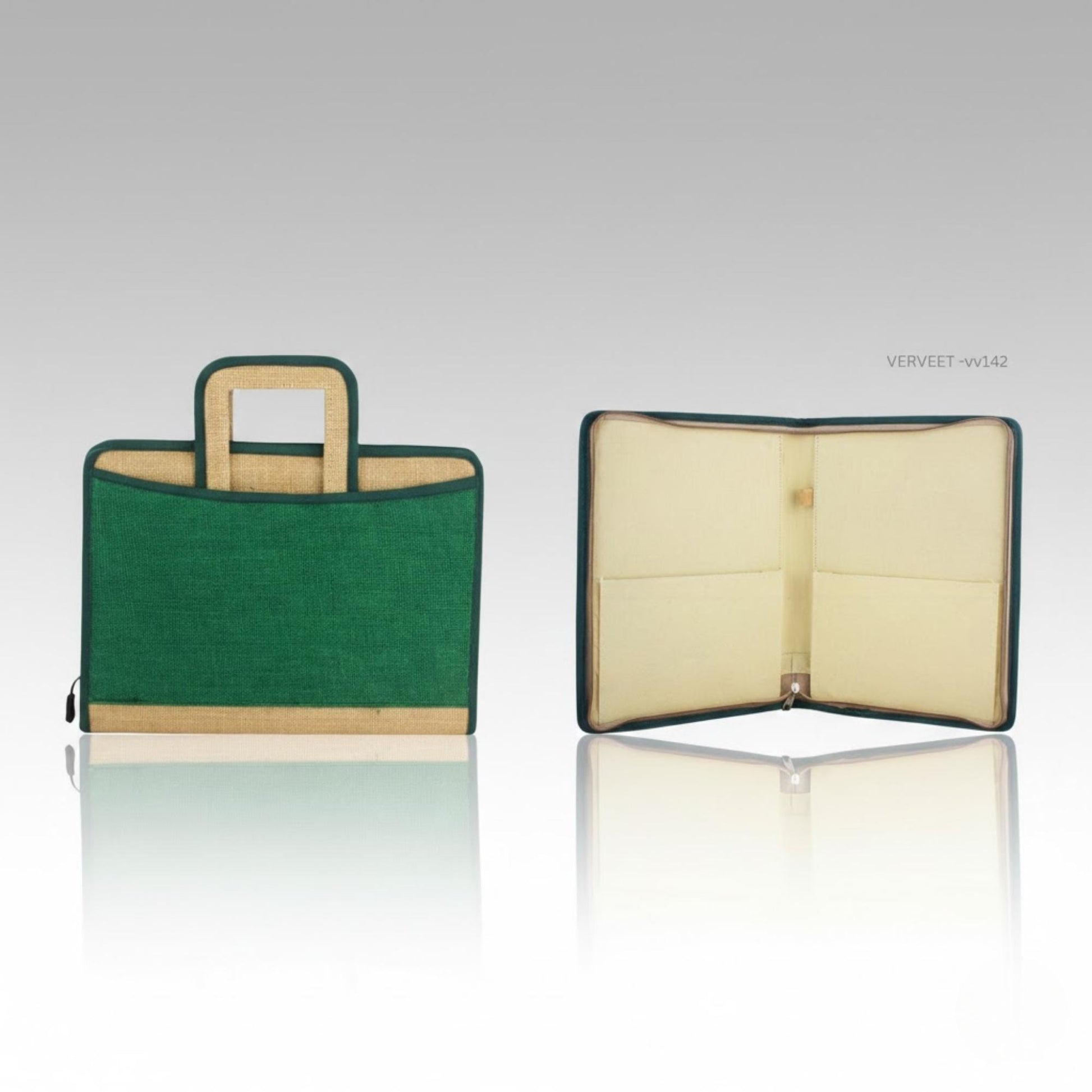 Eco-friendly jute document file folder front view, sustainable office file organizer for corporate use