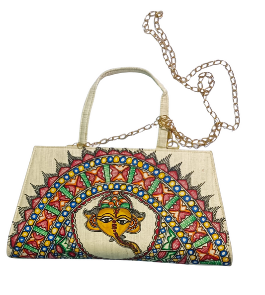 Handcrafted sling bag with Mithila Painting, featuring authentic Madhubani art, eco-friendly design, and vibrant cultural motifs.