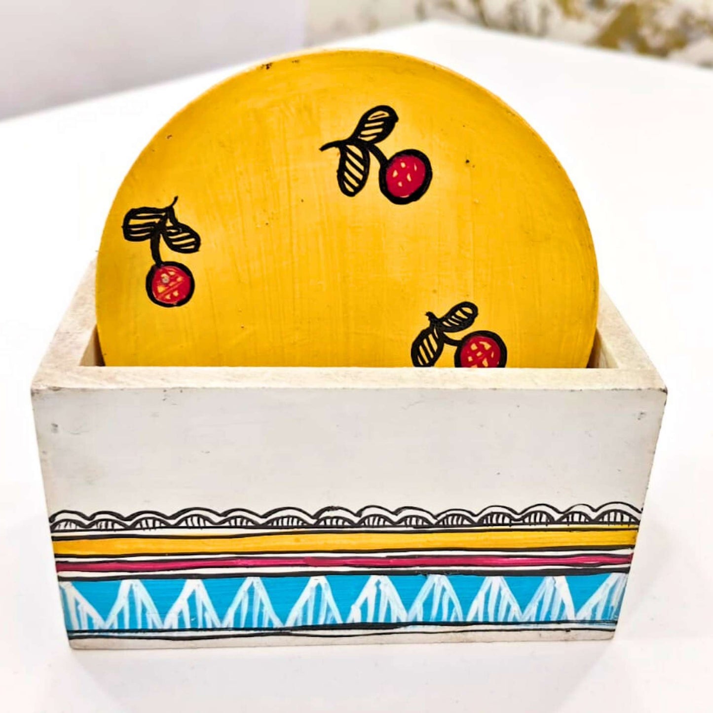 Handcrafted Wooden Coaster Set with Holder | Madhubani Folk Art Design