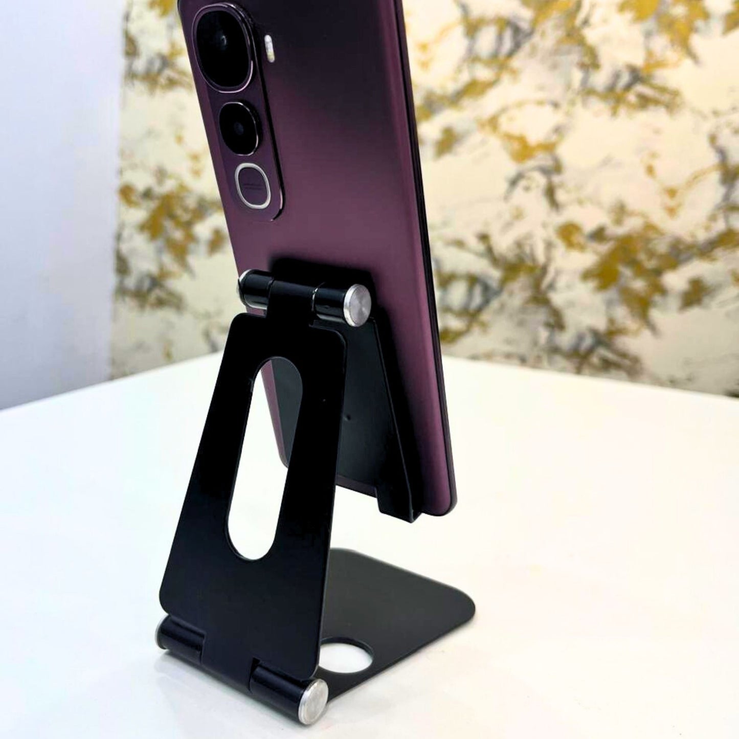 Black Metal Mobile Stand for Desk | Foldable Adjustable Phone Holder for Office & Home