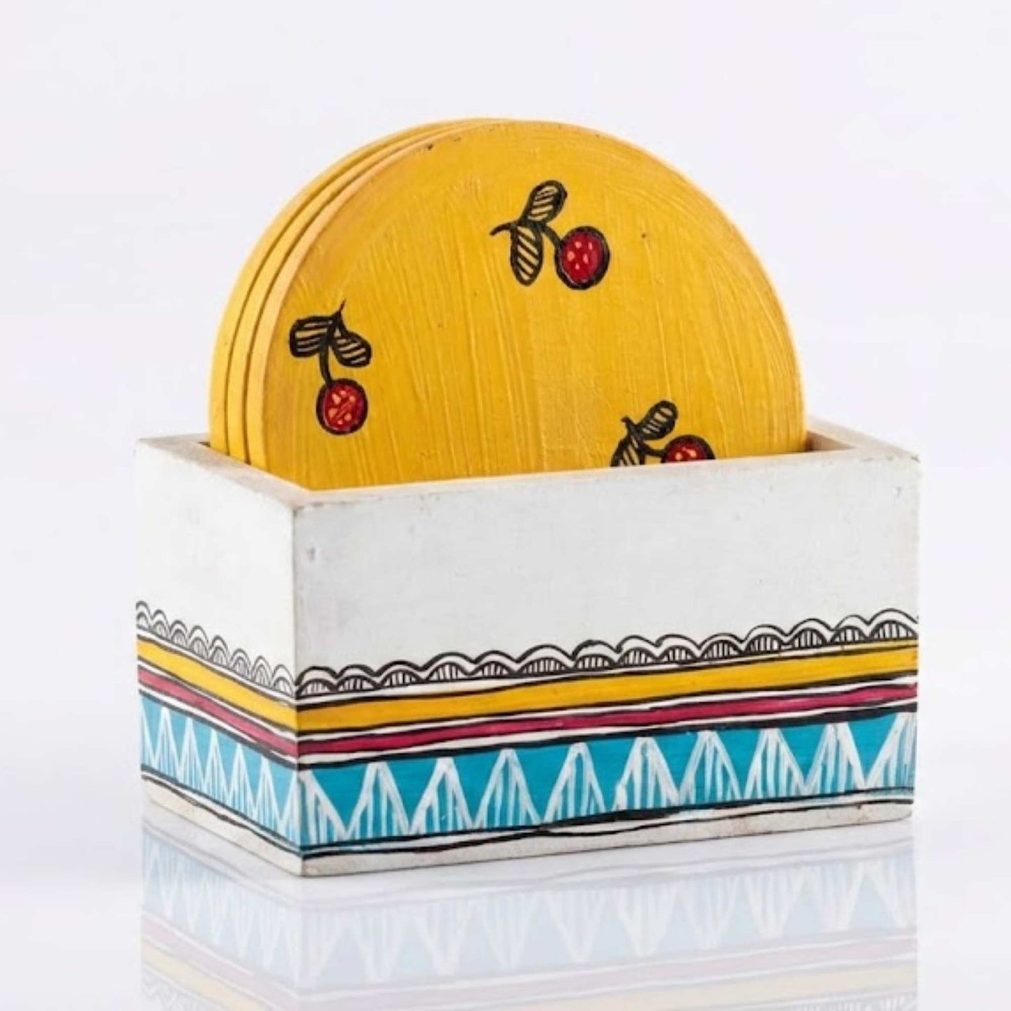 Handcrafted Wooden Coaster Set with Holder | Madhubani Folk Art Design