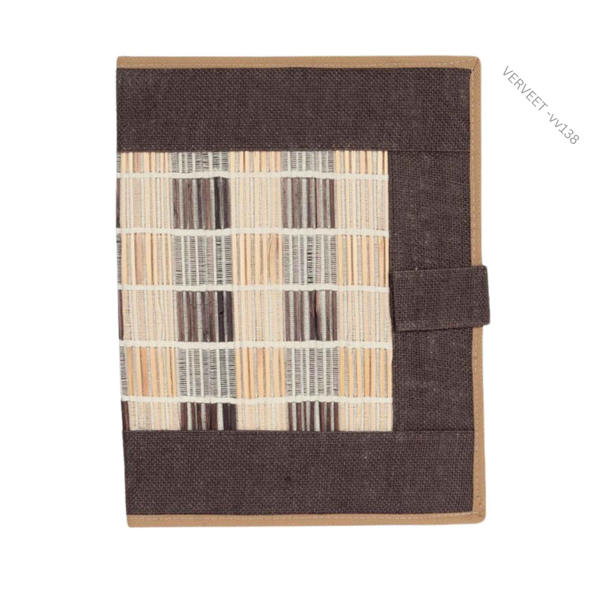 Handmade jute file folder open view showing compartments, eco-friendly document organizer for office use