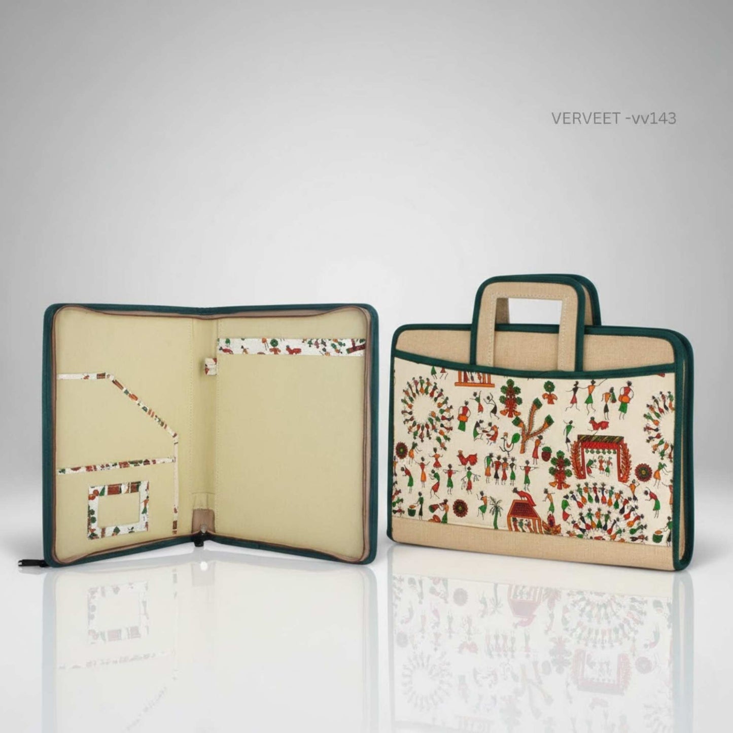 Handmade Warli art jute laptop bag front view, eco-friendly office laptop bag with traditional Indian design