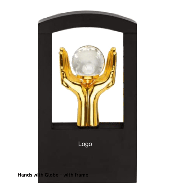 Hands with Globe Trophy – with Frame | Custom Metal & Wood Award