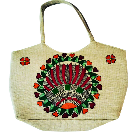 Madhubani Heart Lotus Jute Tote Bag – Handcrafted Ethnic Elegance | Eco-Friendly Mithila Art Bag