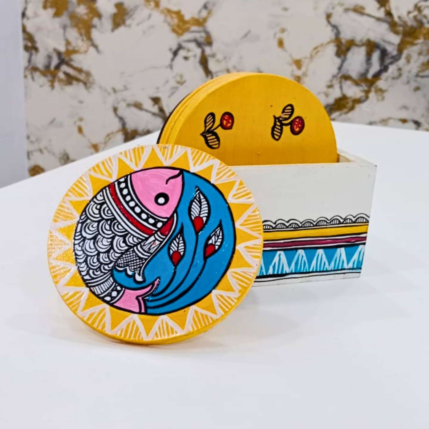 Handcrafted Wooden Coaster Set with Holder | Madhubani Folk Art Design