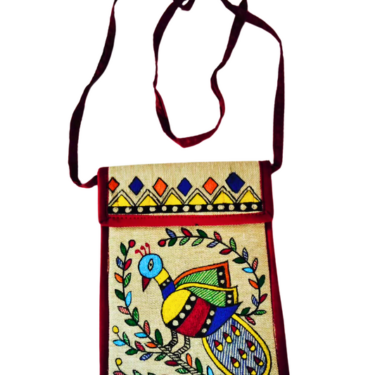 Madhubani Peacock Sling Bag – Hand-Painted Jute Crossbody Pouch | Traditional Mithila Art.